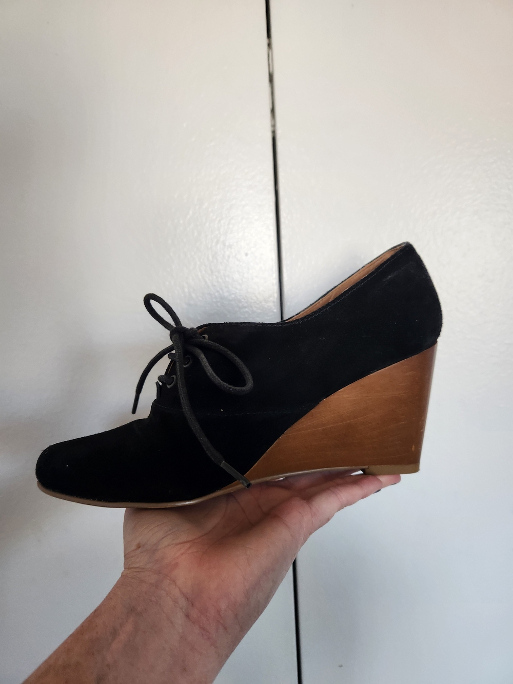 Chelsea Crew Black Suede Lace-Up Wedge Heels with Wood-Look Wedge